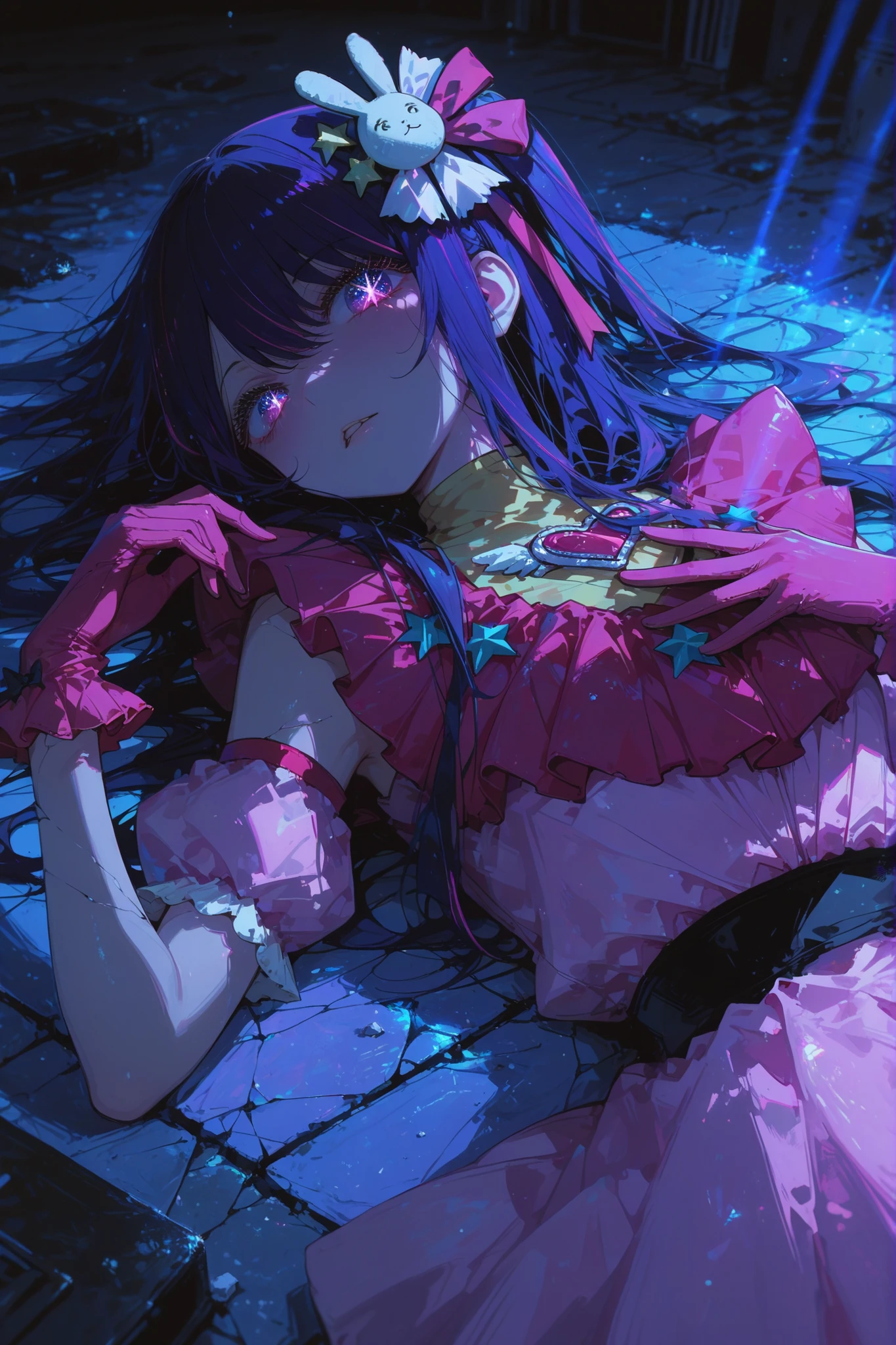 masterpiece, best quality, amazing quality, best quality, Anime screencap, 1girl,solo,hoshino ai,oshi no ko,hair ornament, rabbit hair ornament,long hair,purple hair,purple eyes, star-shaped pupils,pink dress,pink gloves,frilled gloves ,from above,looking at viewer,parted lips, hand on own chest, on back, ,night,blue theme:1.5,crack of light,newest,high resolution,amazing quality,best quality,good lighting,very aesthetic,very awa,complex background,detailed eyes,detailed,anime coloring,official