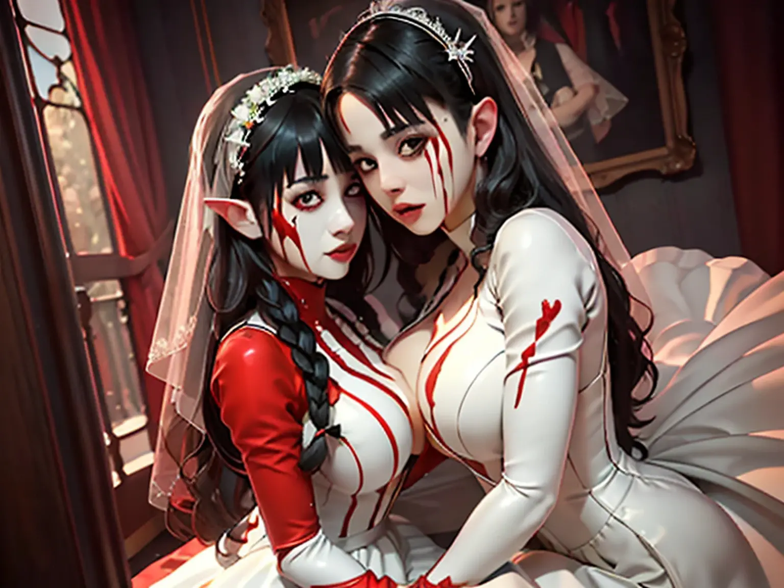 arafed, high details, best quality, 16k, [ultra detailed], masterpiece, best quality, (extremely detailed), dynamic angle, ultra wide shot, RAW, photorealistic, a wide angle picture of a vampire bride biting  her groom, a [female vampire] bride (best details, Masterpiece, best quality) vampire female in a white latex wedding gown with blood stains (best details, Masterpiece, best quality), ultra detailed face (best details, Masterpiece, best quality), ultra feminine, grey skin, red haired, long hair, wedding hair cut style, blue eyes, intense eyes, wearing white latex wedding dress bloody gown (best details, Masterpiece, best quality), wearing white high heels, in the honeymoon suite (best details, Masterpiece, best quality), biting the the groom, bloody face, BREAK a beautiful human man (best details, Masterpiece, best quality), ultra detailed face (best details, Masterpiece, best quality), wearing a wedding tuxedo (best details, Masterpiece, best quality), honeymoon suite background, Ultra-Wide Angle, high detail, award winning, best quality, HD, 16K, 3D rendering, high details, best quality, highres, ultra wide angle, 3D rendering, [[anatomically correct]]