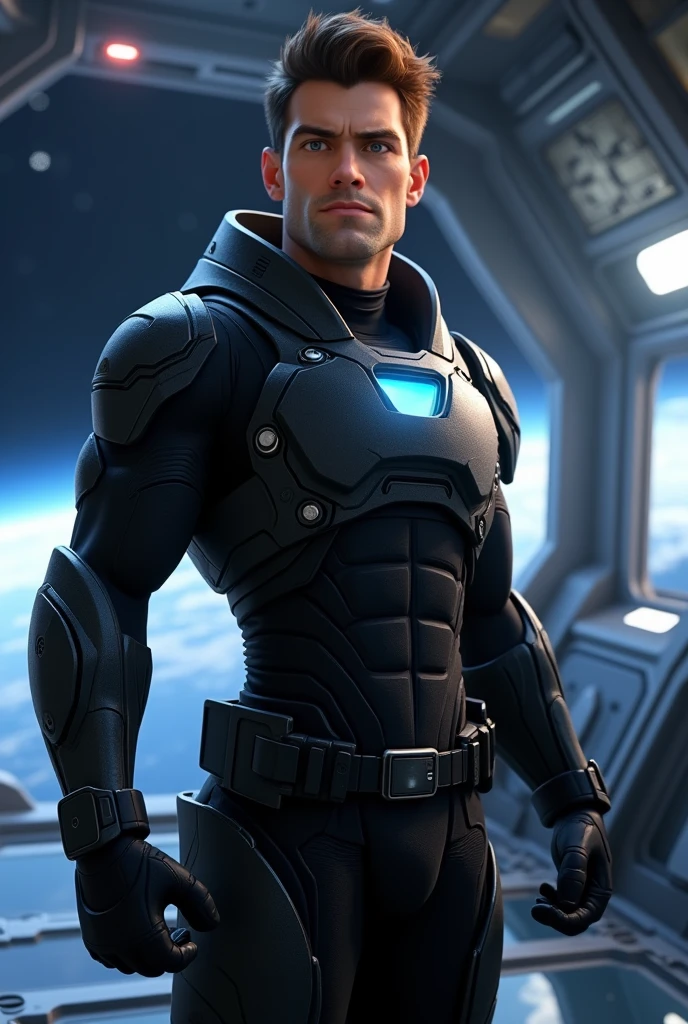 A Man, muscular, brown hair, blue eyes, SWAT Member, wearing a futuristic but sexy Uniform, strong face, strong expression, in a grey empty room, red neon light, soft shadows, Realistic, Highly detailed, masculine, Highly realistic, photorealistic artwork, 4K resolution. super details, masterpeace, (Full Body Portrait: 1.3),