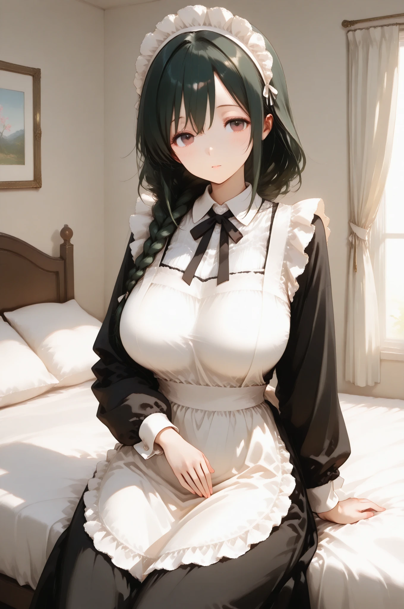(girl1),(woman1),(Solo portrait of a girl:1,5),(slender body),(structured),(hot),(mature and sexual body),(big ass), (mature and sexual body ), (slender body), (physical attributes such as large breasts and ass), (anime), (white skin color), (super mega hyper gigantic breasts: 1.5), (with long green hair), (green eyes ),(an 18 year old woman, with white socks),(wearing),+,(Dress:** Generally knee-length or below, with a cut that emphasizes the waist. * **Sleeves:** Long or short, and may have cuffs with details such as ruffles or lace. * **Apron:** An additional piece, usually with ruffles at the bottom and tied at the waist. * **Collar:** Rigid or soft, often with details such as lace or ribbons. * **Beanie or cap:** A head accessory that can vary in style, from the simplest to the most elaborate. * **Socks and shoes:** White socks and dark shoes (like oxford or mary jane) are common choices. **Fabrics:** * **Cotton:** As it is a breathable and resistant fabric, it is often used in work uniforms. * **Linen:** Another natural fabric, known for its durability and freshness. * **Lace:** Used for decorative details, such as on the collar, cuffs and apron. **Colors:** * **White:** The most common color, associated with cleanliness and purity. * **Black:** Often used for details such as bands, buttons and shoes, creating a contrast with white.),(Super short skirt:1.5)