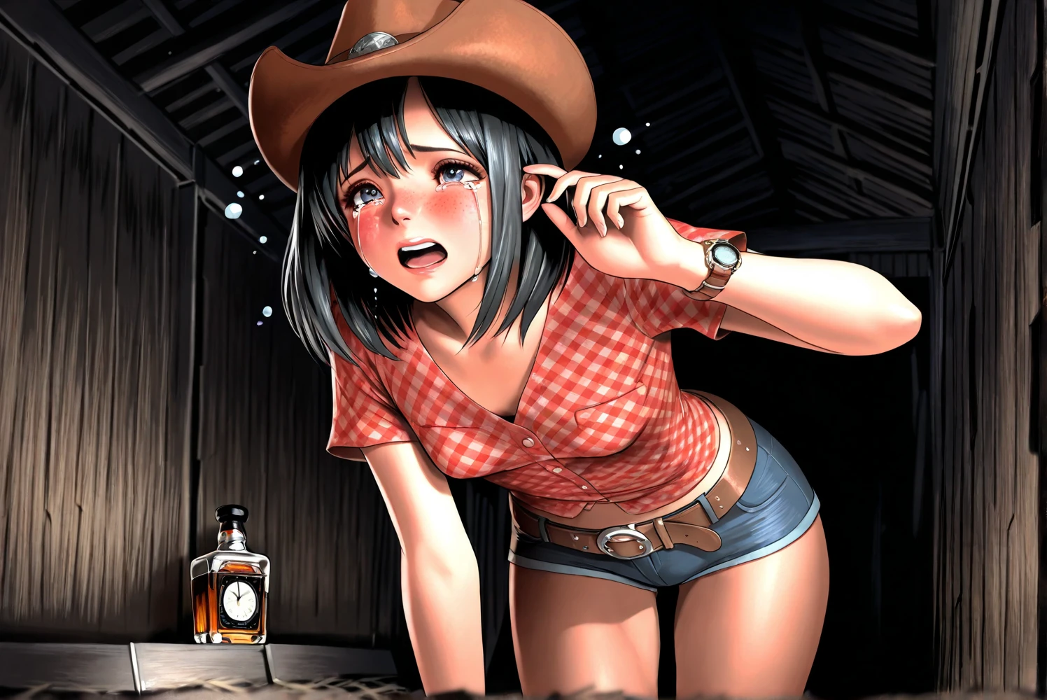 masterpiece, best quality, ultra-detailed, illustration, an extremely delicate and beautiful,high resolution, ultra-detailed,,perfect face,slender perfect body, Tight belly,Toned buttocks,Constricted waist,,(girl plays the guitar:1.7), (black skin:1.3),15yono make,(yellow hair),(braided hair),(rock and roll star:1.3),(big smile),(open shirt:1.2),(tattoo on thigh:1.3),(very short hair), shy daughter, short stature,(rock and roll star:1.3),(big breasts),(on a luxurious stage), (band girl),((very wide shot )),( sweaty skin:1.2),(low view:1.5),(spread legs:1.3),white panties