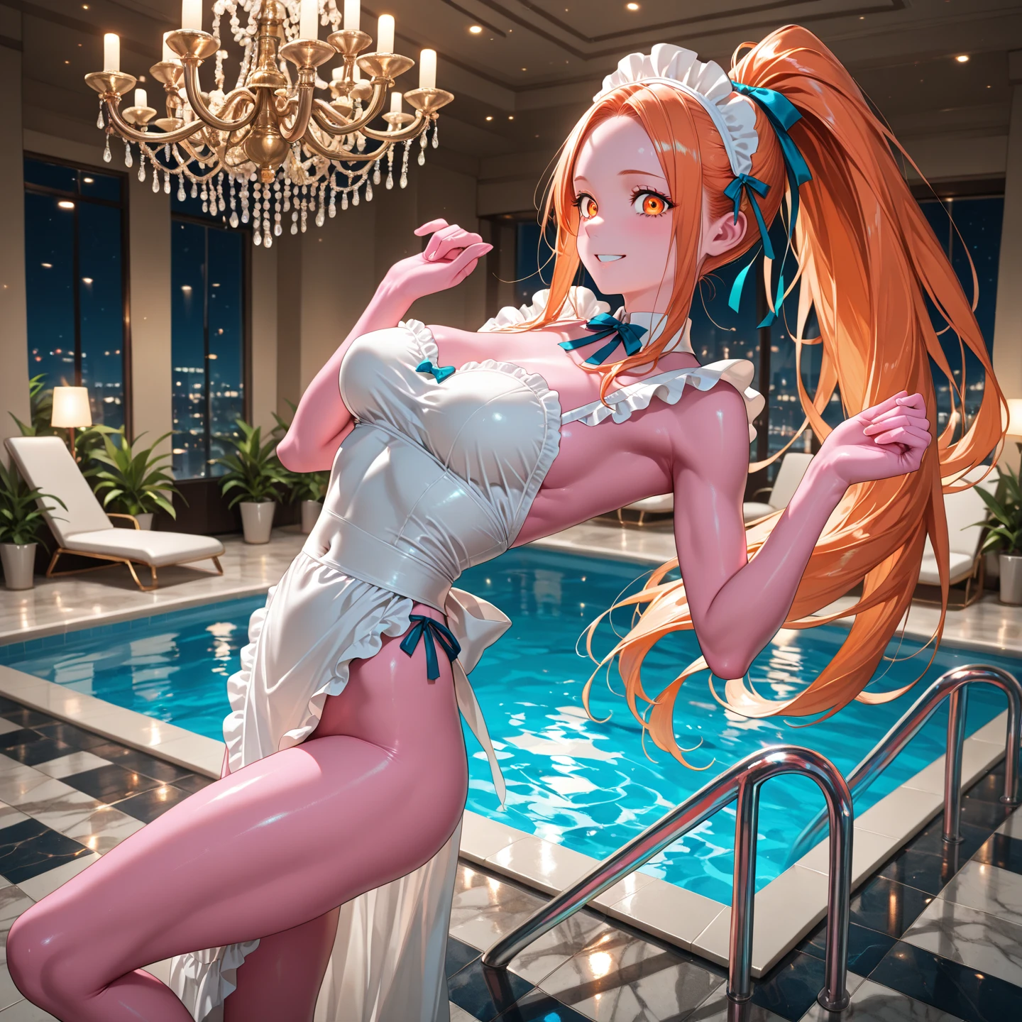 av idol. 25-years-old asian woman. slender with medium breast and curvasious. Long, light pink hair. She has brown eyes. wearing a yellow monokini with green robe with high heels. night time on the boardwalk. sexy pose. full body portrait.