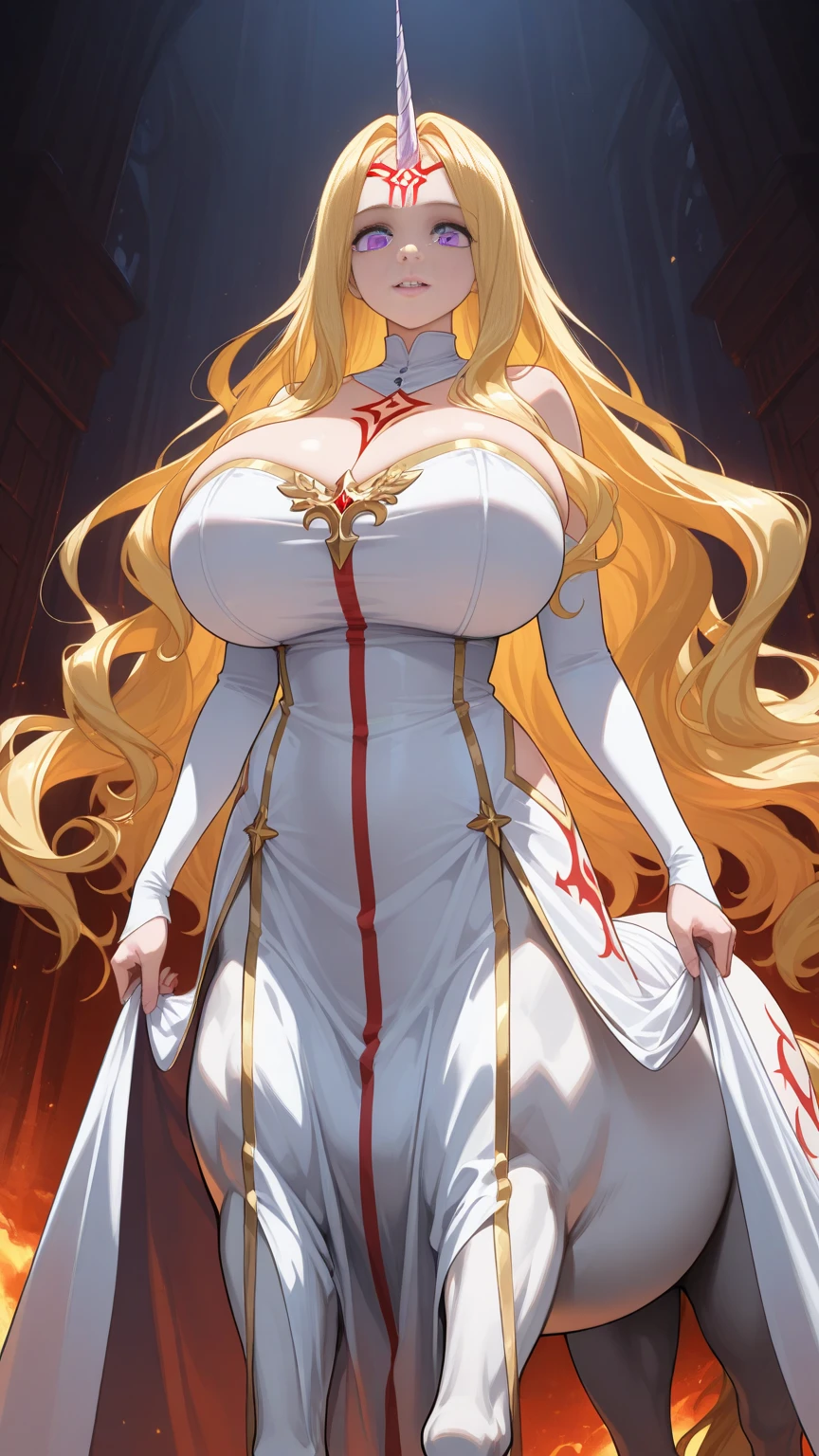 Character design by front, detailed face, one girl in the Japan, symmetry, full body in 32k UHD. , ((golden hair)), fox ears, fox tail, white clothes, making her the object of desire of many men, cleavage, milf, self-righteous face, (clothes: 2), soft breasts,hands on the hip,(tall female)