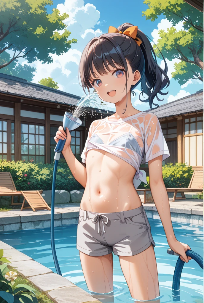 masterpiece,Highest quality,Cute doodles,Hilarious, Honor student, 10 years old,Low length,Curly Hair, Twin tail hair,Vibrant, inquisitive eyes,freckles,Thick eyebrows,Open Fly,Swim in a simple pool in your garden,Jojo Fashion,Water gun,Wet body,たくさんのsplash,Water Drop,enjoy playing in the water,splash,