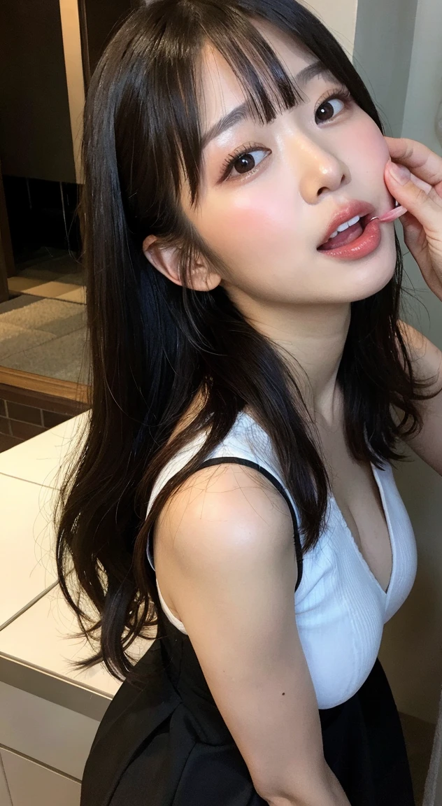 ridiculous, 1 girl, starry eyes, blush, (reality:1.5), (masterpiece, extremely detailed CG Unity 8k wallpaper, best quality, high resolution: 1.2), (ultra_detailed, UHD:1.2), (pixels:1.erfect lighting, unique, (beautiful girl:1.2), looking at the audience, unreal engine, side light, perfect face, detailed face, beautiful eyes, pretty face, (bright skin: 1.3), idol, (abs), ulzzang-6500-v1.1, soft smile, upper body, (crimson hair), ( background), ((dark background)), (depth of field), close-up, selfie