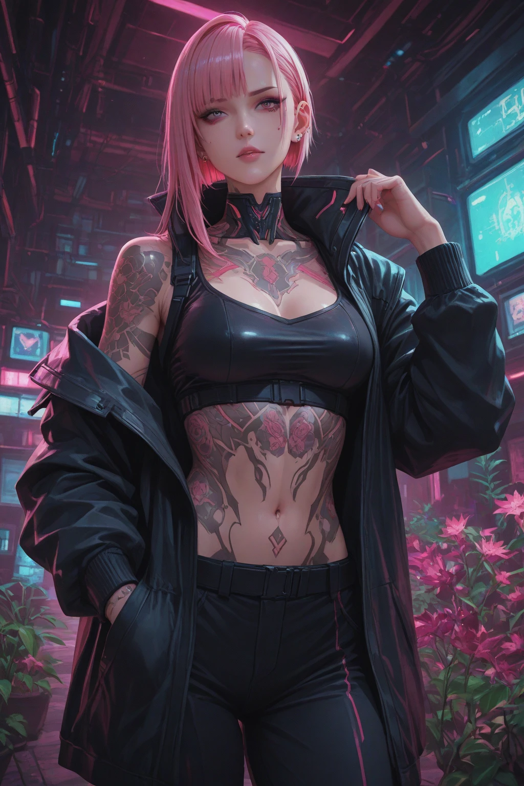 ((Best Quality)), ((Masterpiece)), glasses, militar pants, mature, perfect eyes:1.2, woman face, big breasts, detailed eyes:1.4, ((freckles)), woman, hightech visor, visor, high tech, hacker, irezumi, tattoo, techwear, headphones, messy hair, multicolored hair, purple hair, black jacket, gradient hair, leather clothes, (High Definition:1.3), 3D, Beautiful (Cyberpunk:1.3), Colored hair, militar, black clothes looking at camera, hacker woman, neo tokyo