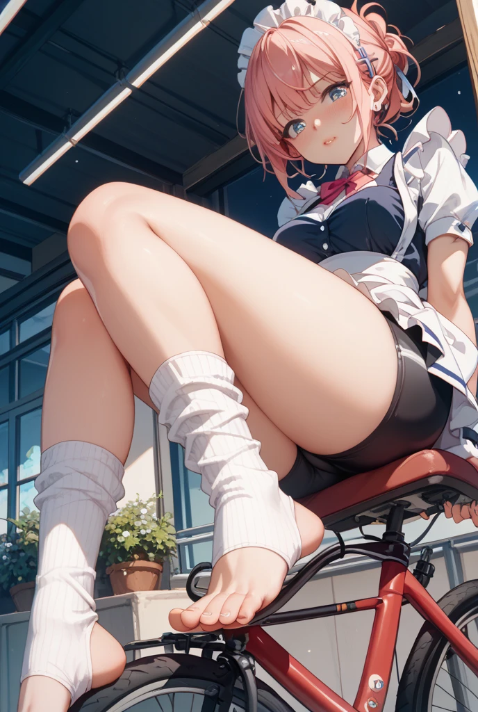 (masterpiece, highest quality, ultra high res, ultra detailed:1.3), 1 cute girl, ideal ratio body proportions, pink medium hair, half twintail, small breast, from below, front view, yellow tank top, tank top covered nipples, blue denim mini (skirt, white panties:1.4), (sitting, open legs, riding on a seesaw:1.3), view from the other side of the seesaw,