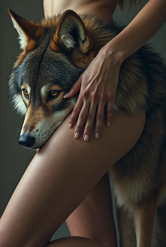 on the grassland,yurtongolian girl around 14 years old,a docile wolf,snuggle up