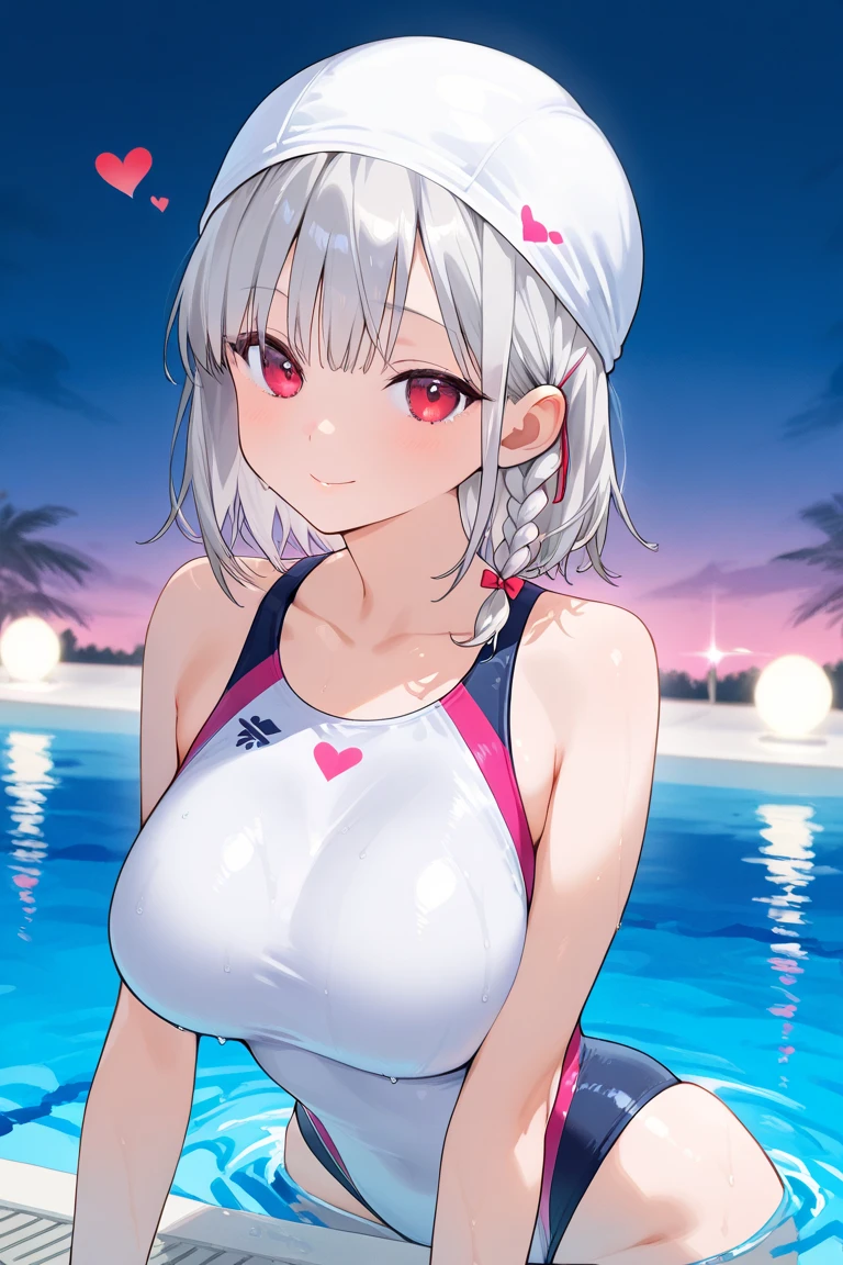 High quality Best quality 8k Lady (((White swimsuit)) ((Blanche)) Short hair ((Shortcut)) (silver hair) (Perm) (Fluffy)) ((shining red eyes)) (Red cheeks)) See here Very large breasts Smile Choker, earrings, (bracelets on) (((upper body))) (((cute and sex pose))) (daytime) (summer beach)