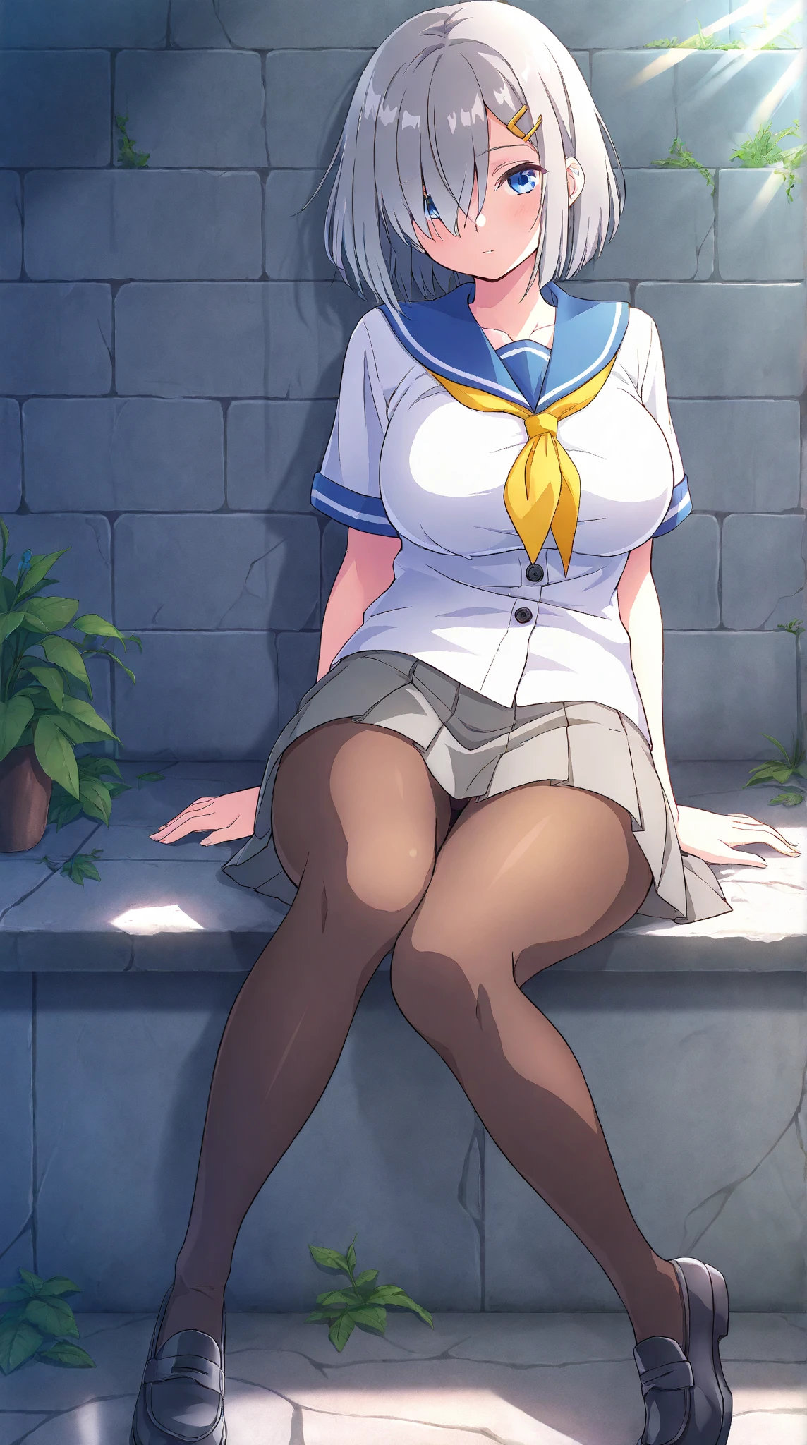 ((((1girl)))), ((dark blue inverted bob haircut, dark blue inverted bob hairstyle)), (((extremely busty, extremely wide hips, extremely big ass))), slightly tan skin, (wearing Japanese white high school with white skirt and blue tie, wearing dark blue stockings, wearing brown loafers), squatting looking down at viewers, pov viewer pone ground view, evening sky, slightly cloudy, sunset sky, slightly cloudy, squatting a few feet from viewer, disgusting face, mouth pouting, pov is slightly titled, standing on top of flight of stairs, park background, hands resting on knees, school brown satchel hanging on right shoulder,