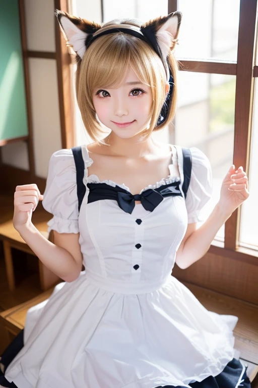 Top quality, 1 beautiful woman, around 20 years old, short hair, blonde hair,maid costume, soft-looking chest,shy-smile, Sunlight, at street,accurate structure of the limbs