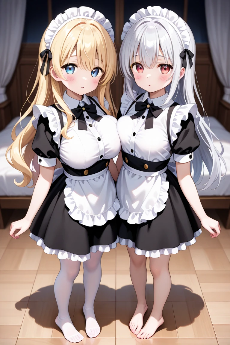 highest quality、masterpiece、((2 girls))、((smile))、(blush:1.3)、Black Shirt、blouse、((fun!!))、(Small breasts)、(One-strand braid)、(Blonde)、()、((White apron:1.5))、((Maid))、((hair ornaments)),、Kamimei、look at me、 ((in house:1.5))、 Taking a break from watching the audience、Cowboy Shot、(Skirt lift:1.3),(Highly detailed white panties:1.3)、(Highly detailed panties:1.3)、、(スカート that rolls up:1.3)、(Panties fully exposed:1.5)、Light blue eyes、long hair、((spoken heart:1.5))