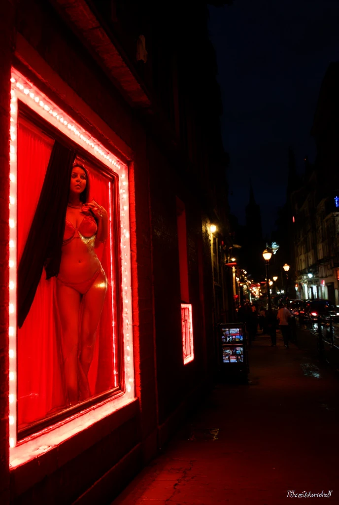 The picture is realistic and can be seen in full. A beautiful woman with no clothes on, a beautiful smile, standing at a bus stop. There is a sign on the back that says "dracula