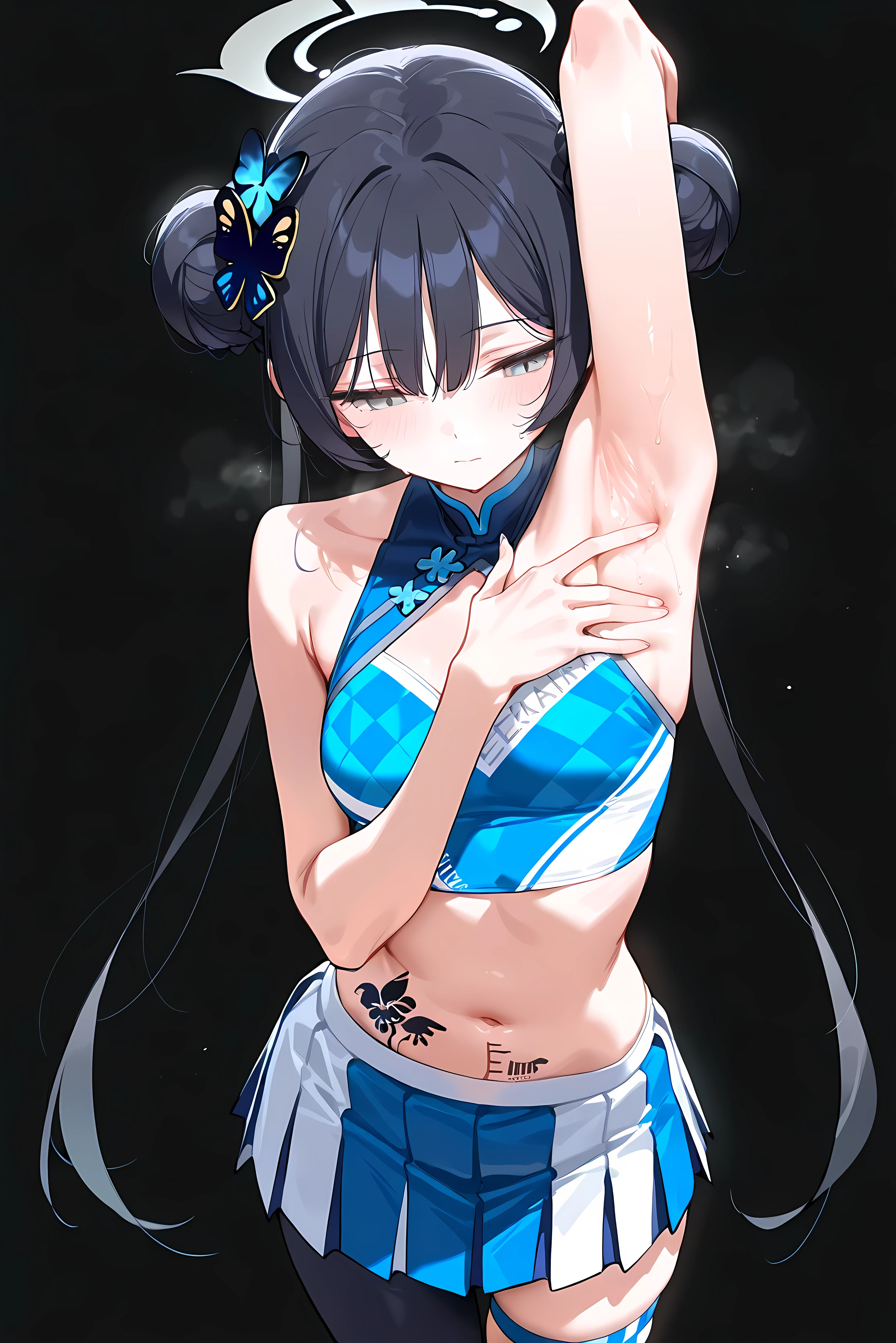 score_9, score_8_up, score_7_up, masterpiece, best quality, very aesthetic, absurdres, tunning image, attractive image, 1girl, adult grown woman, solo, kisaki \(blue archive\), grey eyes, black hair, double bun, twintails, halo, small breasts, masterpiece,best quality,amazing quality, ero404, 5 fingers, alternate outfit, blue cheerleader, skirt, midriff, crop top, thigh strap, single leg pantyhose, lower-abdominal ruler, navel, ruler tattoo, simplae background, black background, heavy breathing, closed mouth, armpits, detailed armpits, spread armpit, arm up, presenting armpit, fingers on own armpit, wet armpit