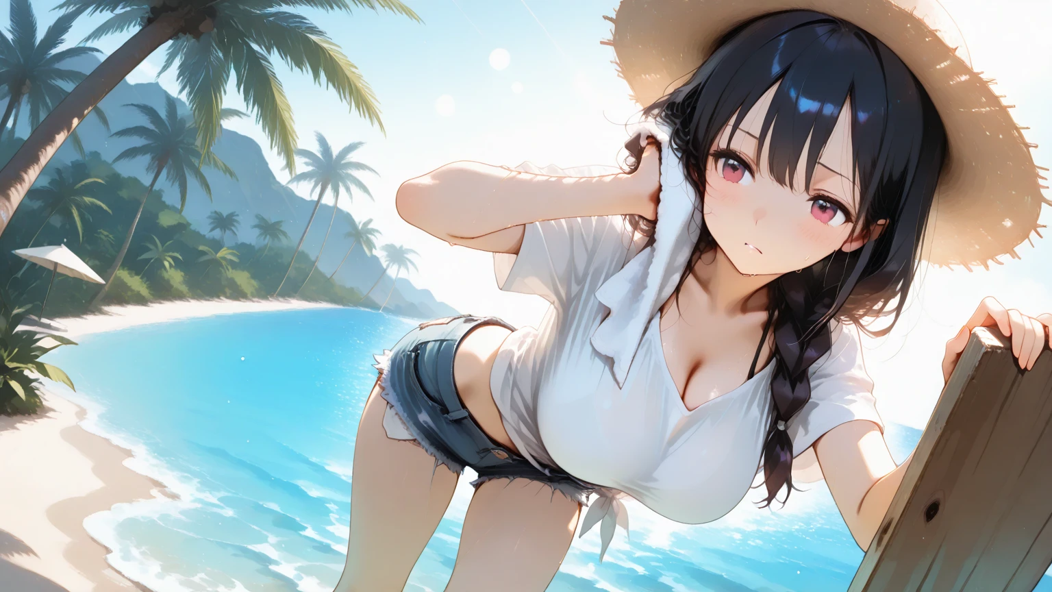 (masterpiece, top quality: 1.4), cowboy shot, viewer show, sunlight, cloudy sky, more eyes, ahe face, wet, sweat, beach, sitting, black bikini swimsuit, shorts