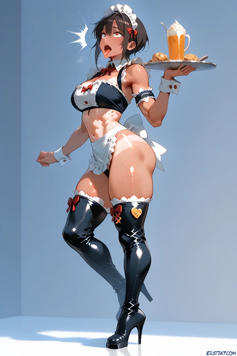 The image shows a Goth Woman with harlequin hat, clown face paint, wearing cropped clown shirt, puffy sleeves, puffy crewneck, stomach navel exposed, large breasts, small waist, wide hips, thick legs, red panties, collarbone, clown 🤡, sexy body, it, night circus background, shiny skin, highest detailed, detailed clothes, pastel colors, detailed body, detailed face, back view