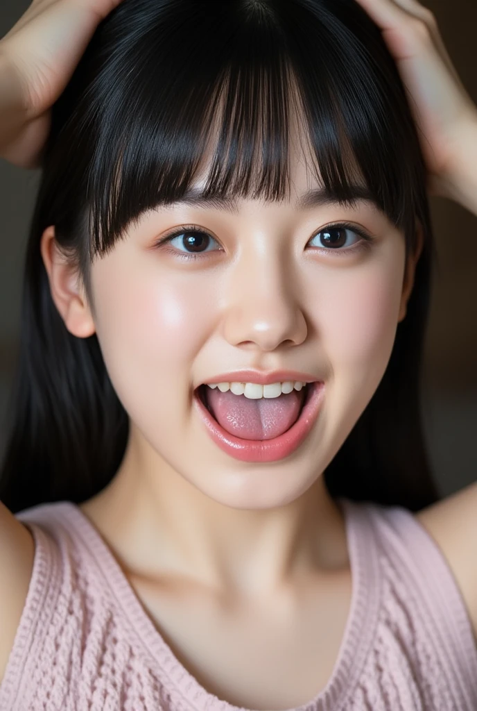 (Tabletop、highest quality、8k、Award-winning works、Ultra-high resolution)、One Woman、(Face close-up:1.2)、(Pure white background:1.2)、(Classy knitwear:1.1)、Glowing Skin、Beautiful, moisturized and radiant skin、Perfect beautiful face、(Open your mouth and stick out your tongue:1.1)、(Perfect beautiful tongue:1.1)、Black brown hair、Beautiful smile、perfect beautiful teeth