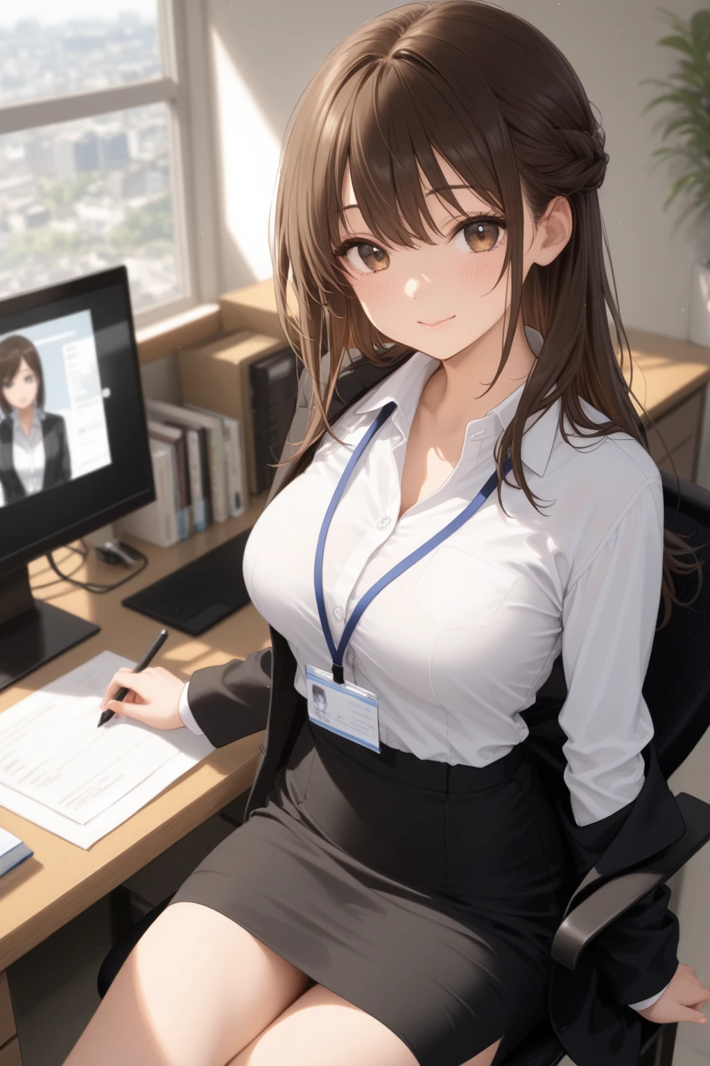 japanese, solo, brown hair, bangs, embarrassed, (natural make:1.2), dynamic angle, high res, (photo realistic:1.2), (highly detailed:1.1), desk,((pencil skirt)),beige skirt, business suit, shirt, office chair, smile,(computer), night view ,detail brassiere, huge breasts, dark lighting, window, blush, messy, desk, delicate background, bokeh, professional lighting, physically-based rendering, ((backshot)),