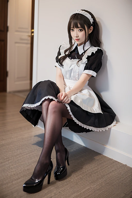 best quality, quality, masterpiece, photorealistic,sitting, 1girl, solo, full body, maid attire, black pantyhose, high heels, detailed background, indoors, palace, luxury decorations, <lora:maid_attire_v2:0.65>