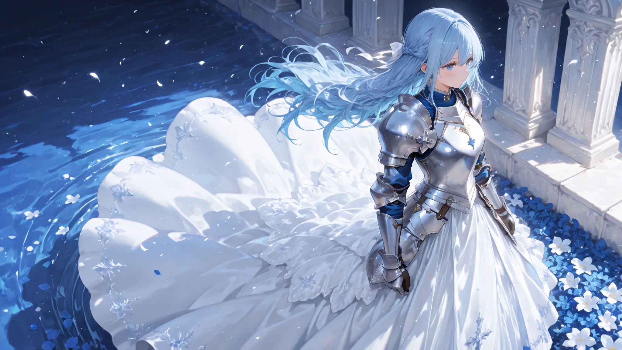 A woman standing alone in a snowy field, wearing a short wedding dress and armor, in a proper shooting stance, anime style