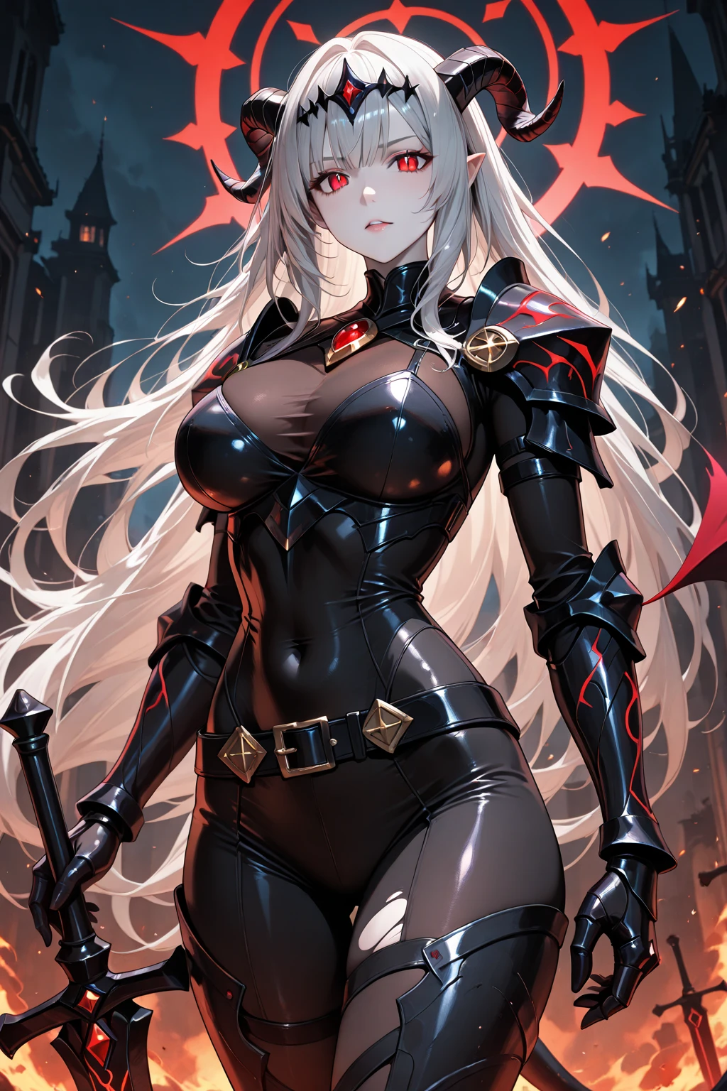 (masterpiece, best quality), (Official art, masterpiece, 8k, ultra-detailed), ultra-detailed, photo of a beautiful 32 year old woman, ((dark skin)), white hair, wearing round glasses on her face, eyes red and yellow, wearing a tight black jumpsuit, with light armor, large, ultra-detailed breasts, (ultra-detailed face), (1 dark-skinned woman), long white hair, ((((Heterochromia in eyes, ultra-detailed red and yellow eyes)))), (very detailed eyes: 1,2), (((ultra-detailed red and yellow eyes))), heterochromia of red and yellow eyes very well presented, (wearing round glasses on the face very detailed: 1,2), well designed glasses, ((gauntlets and high heel boots)), witch items, belts, (ideal body proportion), ((black jumpsuit with light armor)), ultra detailed character, wallpaper, pinterest, Fantasy Art, (Fantasy art), fantasy scene, (medieval magic village), wallpaper, pinterest, front photo, exterior, cinematic photo, natural light, beach photo, wallpaper, pinterest, badass image, perfect photo, volumetric lighting