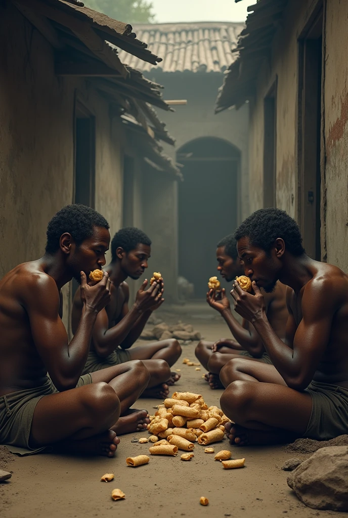 Un repas dans un ferme en Côte d'Ivoire, un jeune homme blanc aux cheveux longs est dégout par 3 hommes noirs qui mangent avec les mains dans un plat commun contenant un écureuil dans la sauce, du futu et des chenilles. Une fille noire de 8 et une jeune fille noire de 24 ans se reposent juste à côté dans des hamacs.