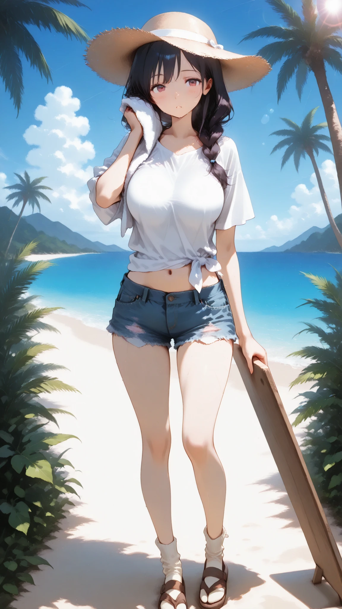 ultra-detailliert, hight resolution, (Realistic, Photorealistic: 1.4), 8K, Raw photo, (masutepiece), (Best Quality), physically-based renderingt, Female college student, long brown hair, Korea, Beach, Unbutton your socks and look at them_white_Shirt