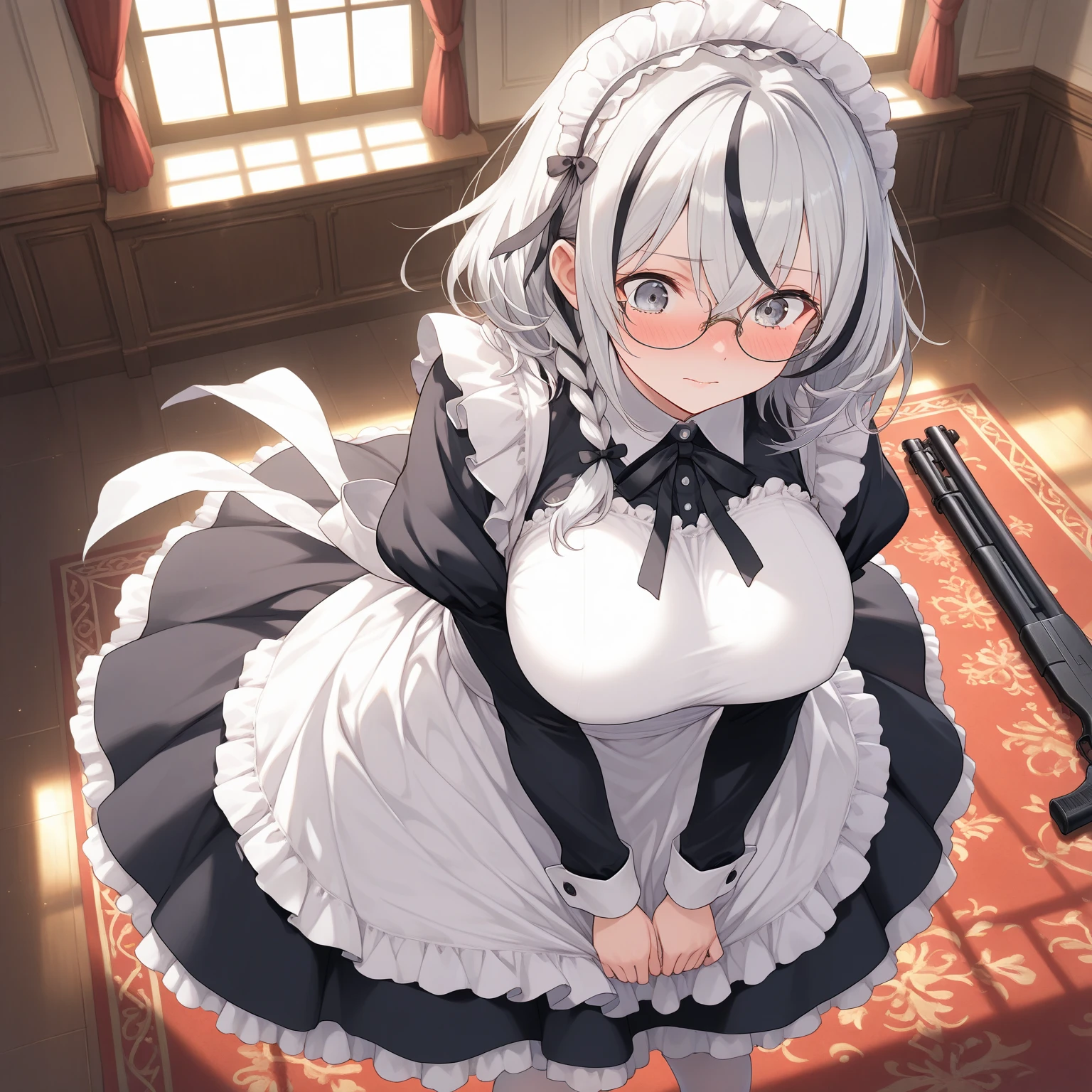 <lora:BTTina2D:1> bttina, tina holly, maid outfit, best quality, masterpiece, anime kitchen, 1girl, solo, sitting, wariza