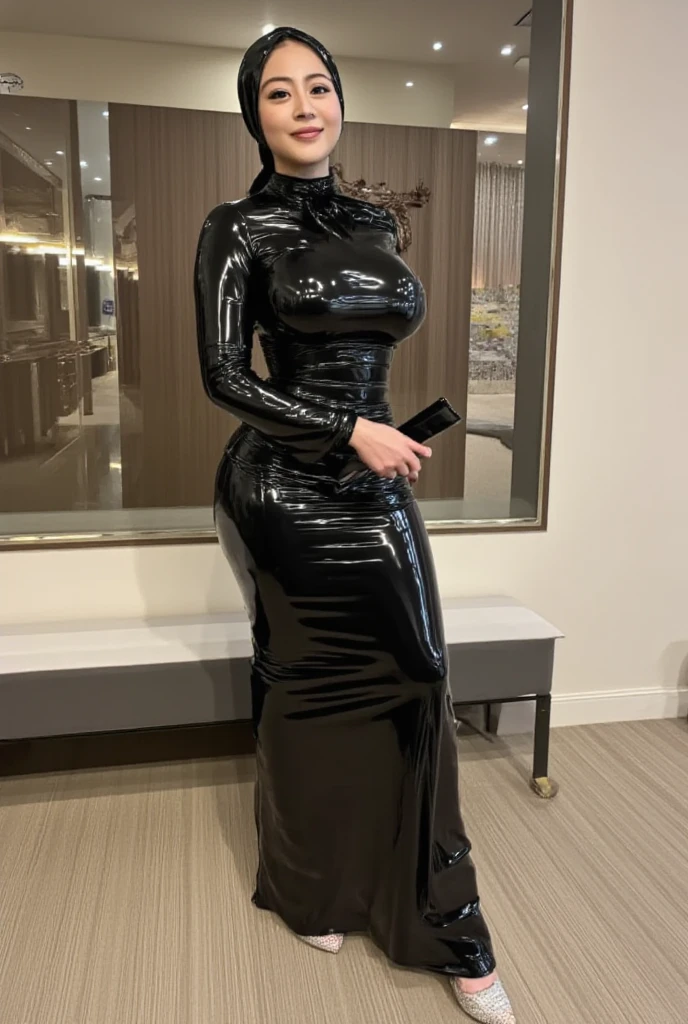 a close up of a woman in a dress and a mask, Sexy dress, Shiny black dress, Tight dress, latex dress, very sexy outfit, intriguing outfit, tightly dress, chrome outfit, succubus in tight kilt, cruel korean goth girl, she wears a black dress, Wearing latex, is wearing  dress, Sexy outfit, wearing a tight black dress