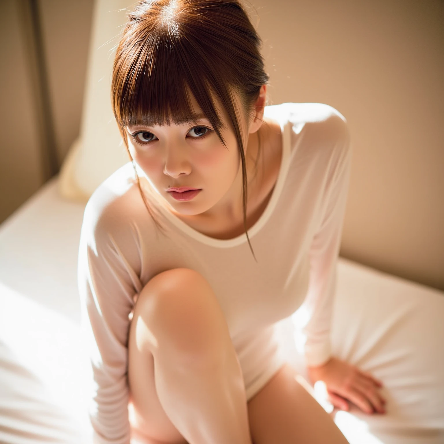 high-level image quality、realphoto、Solo、Cute little girl s、Support the stepladder with your hands、Looking down from the top of the stepladder、Breasts that are about to spill、The chest is wide open、A small T-shirt with an area that looks almost naked、Showing off your breasts、While bowing、Kamimei、Chest flicker、 large boob、 You can see from the chest to the stomach through the gap in the collar、Deep Down Blouse、oversize tshirt、japanes、15yo student、off shoulders、No bra、T-shirt with a very open chest、Composition looking down、high-angle shot