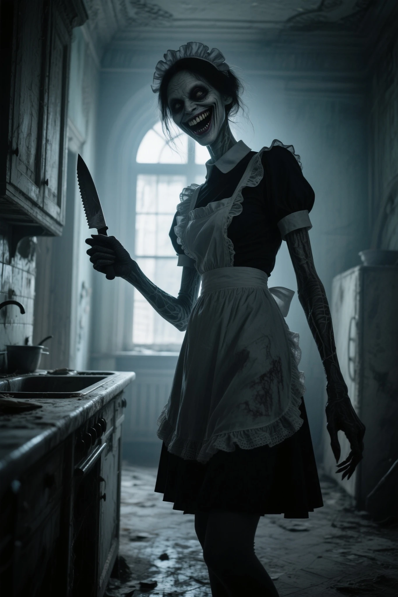 a closeup portrait of a creepy maid, undercut hair, apron, amazing body, pronounced feminine feature, abandoned kitchen, by vergvoktre