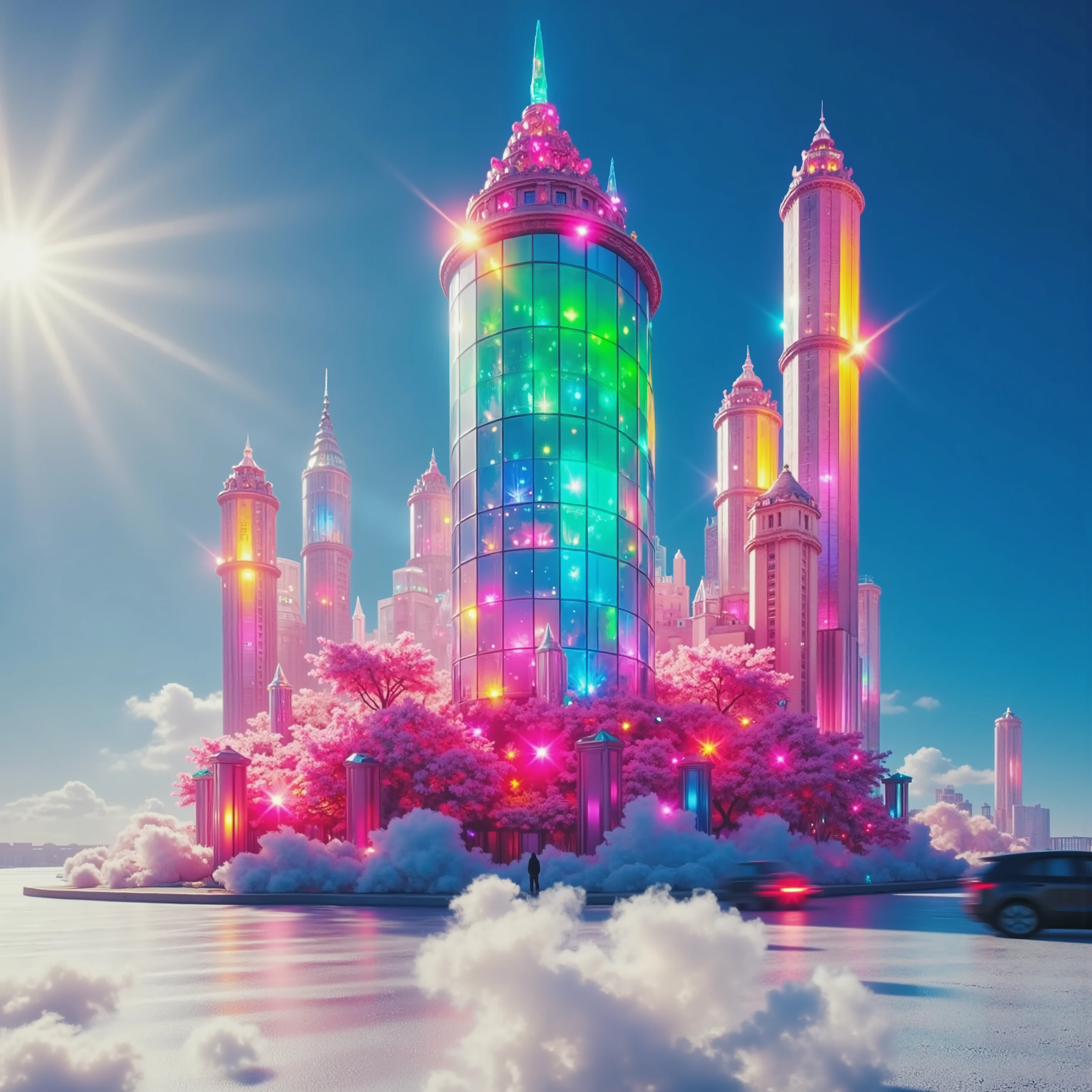 A towering crystal structure glimmers majestically in the foreground, crafted from translucent purple and pink hues that catch the sunlight brilliantly. The design resembles a futuristic skyscraper. It's pure quartz crystal and it has rounded shapes that come up to sharp geometric lines and the extensive glassy surface reflecting a spectrum of iridescent colors and ends way upbin the clouds with a crystals point. The lower portion is surrounded by clusters of smaller, pointed crystals, maintaining the same color scheme and enhancing the overall essence of luxury and magic. Inside the structure, apartmants can be sadding depth and mystique to the scene. Far in the background, an iconic cityscape is visible, featuring prominent skyscrapers bathed in daylight, with oneeen in extreme detail. The clear sky provides a soft blue canvas for the entire setting, highlighting the contrast between nature's beauty and urban grandeur, translating into a futuristic and ethereal atmosphere. A multi-colored crystal tower on top of a skyscraper with a futuristic city in the background, rounded shapes stacked up to the sharp edges of a gigantic crystal, futuristic skyscraper, 3 d render,magical buildings, futuristic tower, cyberpunk city, new york in the future, and multi-colored tall quartz crystal architecture, futuristic palace, 8 k, high detail concept art, professional masterpiece