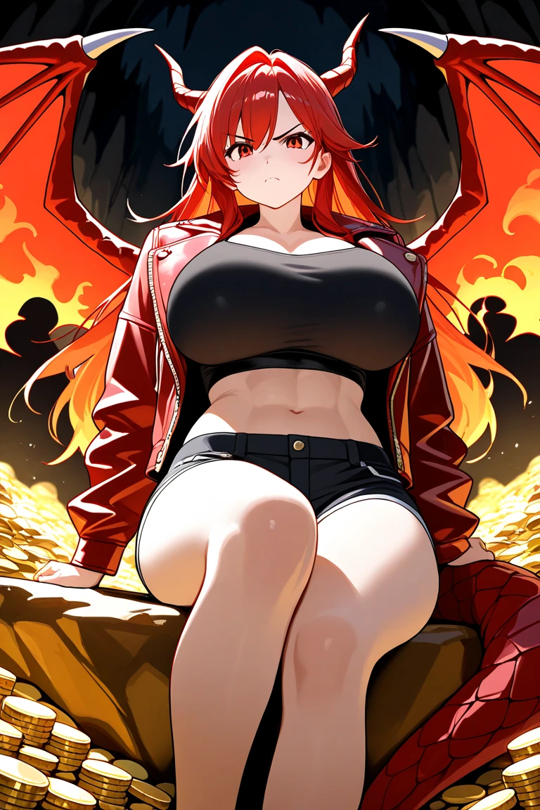 Masterpiece, very detailed, ultra detailed, one, (1 woman), japanese, she’s in a short yukata and in a sexy position, super mature, tall, milf style, mature mother, super long hair, bright red hair, thin demonic horns, beautiful, charming, bright dragon yellow-gold eyes, elegant, big breasts (huge, torn), bare breasts, cheerful breasts, friendly smile, charming, dark background, futuristic setting on huge fire background.