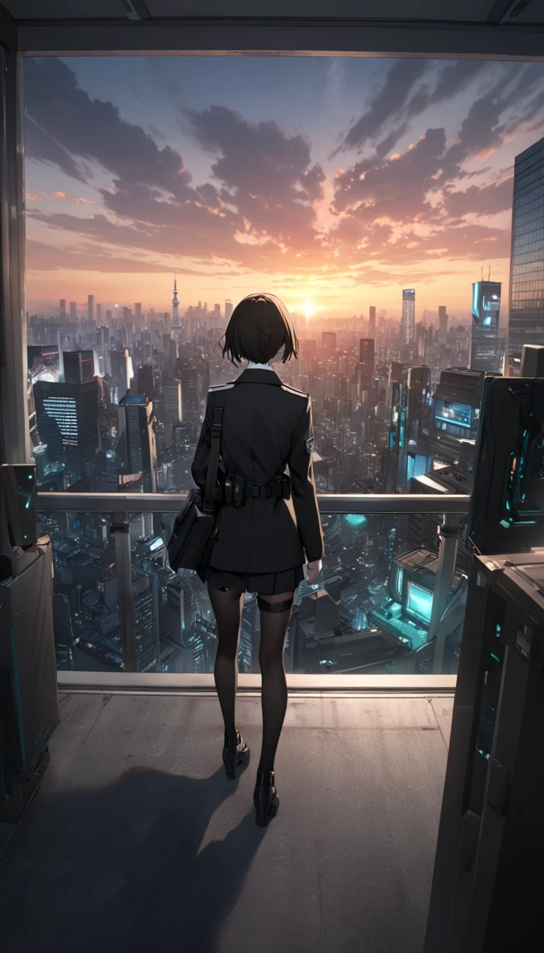 woman from back seeing to the night city, office,  big window, penthouse, rain, 