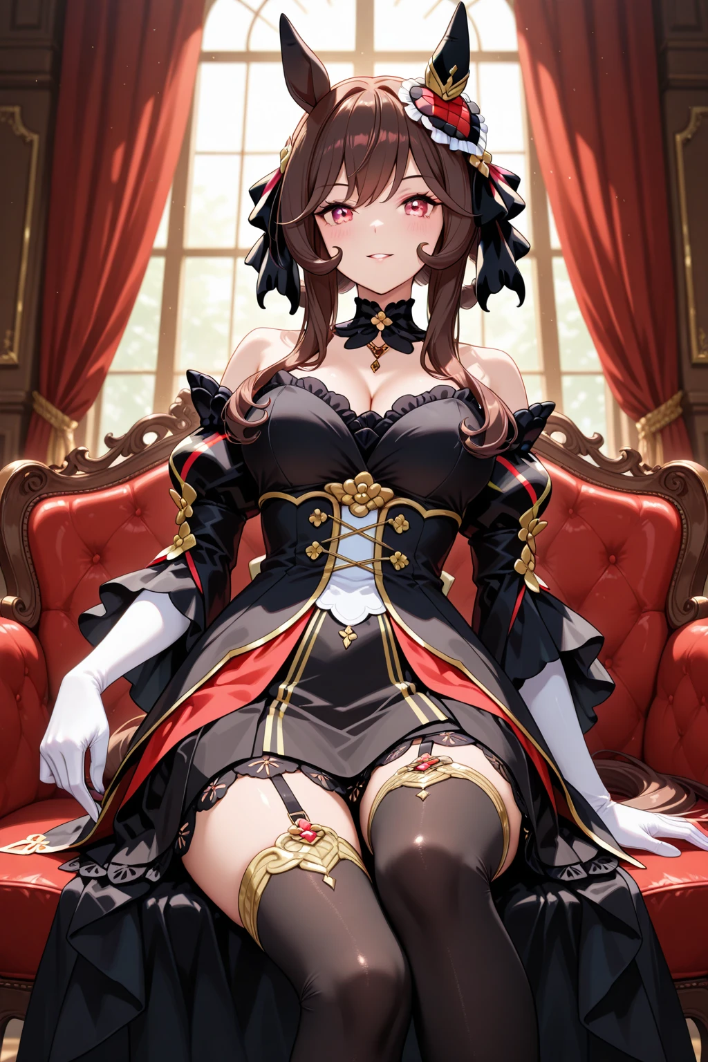 masterpiece, best quality, highres, ddmarine, twintails, drill hair, top hat, hat flower, heterochromia, black bowtie, underbust, bare shoulders, frills, black ribbon, red dress, detached sleeves, red sleeves, long sleeves, corset, black gloves, pantyhose, sitting, sofa, indoors, chandelier, crossed legs, smile,