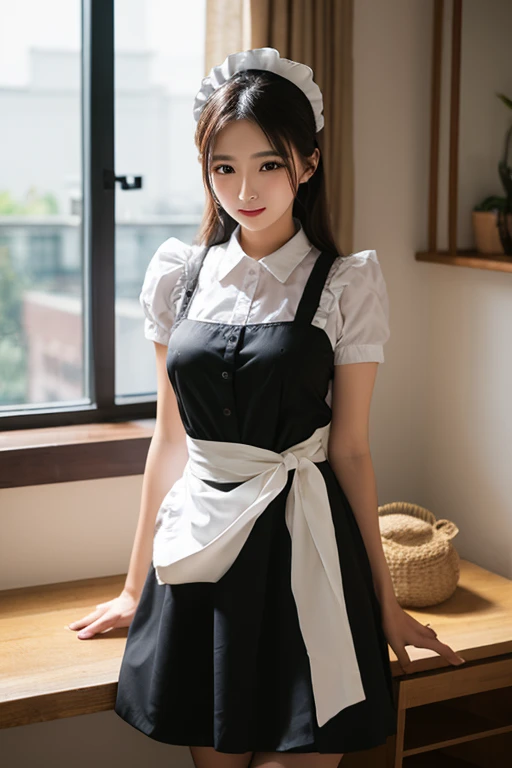 A woman in a maid outfit, without pants on, shyly pulls up her skirt above her waist.