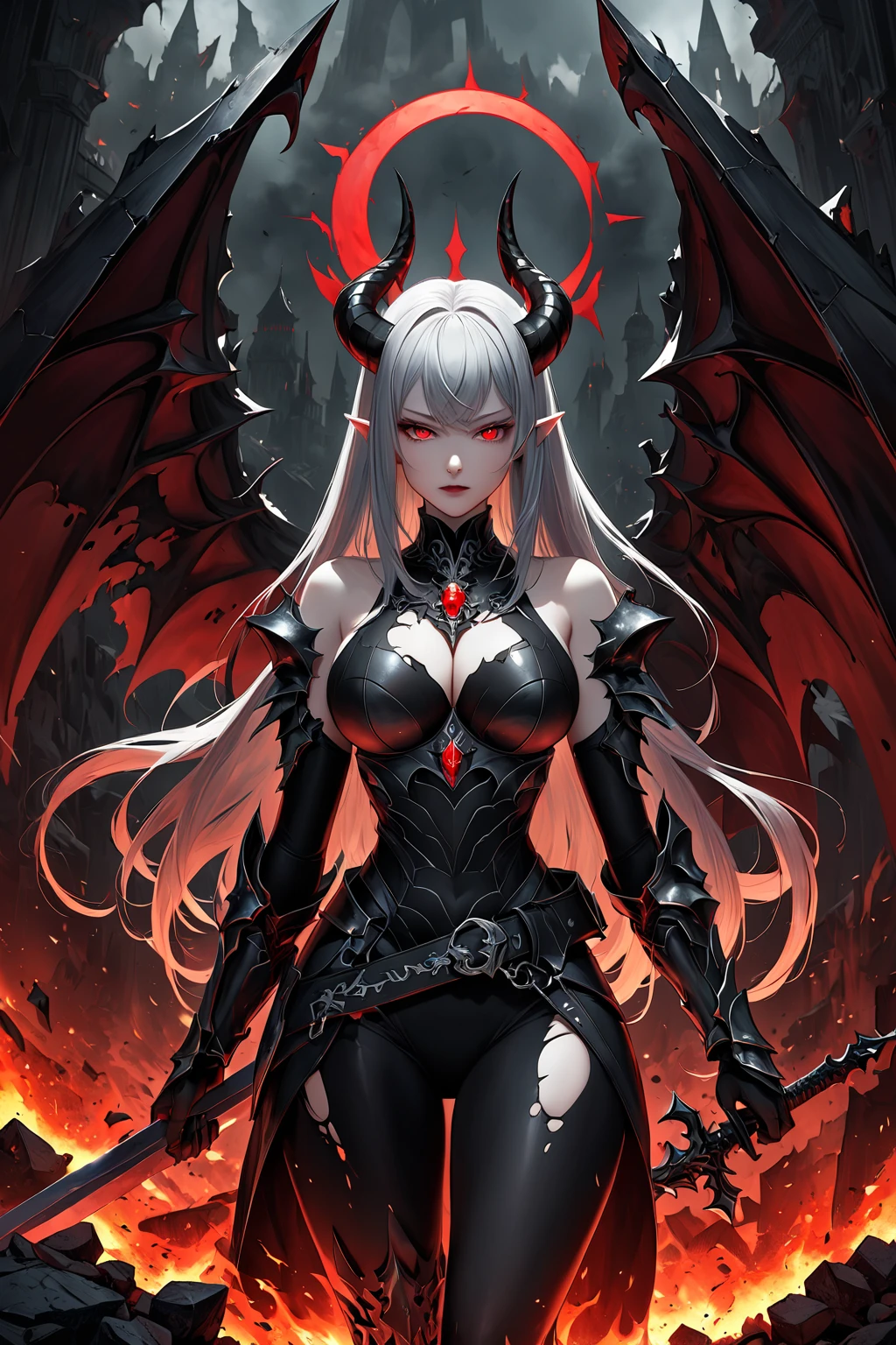 (best quality,4k,8k,highres,masterpiece:1.2),ultra-detailed,(realistic,photorealistic,photo-realistic:1.37),lava demon queen,demonic presence,fiery,glowing eyes,long flowing hair made of molten lava,sharp fangs and horns,volcanic cave,smoke and sparks emanating from her body,ominous atmosphere,shadows dancing on the walls,hot red and orange color scheme,dynamic lighting casting eerie shadows,fluid and realistic movement of the lava,queenly posture and regal aura,destructive power,commanding presence,molten throne,Satanic symbols,inspiring fear and awe,contrasting cool tones to highlight the fiery character,cracked and burning ground,portraying the strength and dominance of the lava demon queen.