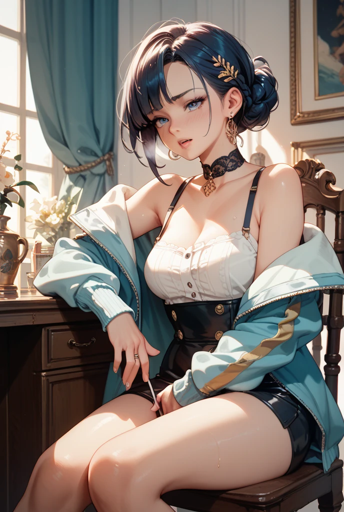 Yelan_(genshin impact), 1girl, white roses, ornament hair, white rose on her hair, short hair, navy short skirt, navy dress, skirt with layers, frills, navy laces, lolita style, navy hair, seat on a sofa, modernist home style, lolita dress, navy dress, more details on her clothes, golden details, night, smiling, solo, alone, jewelry, living room scenery, clean house style