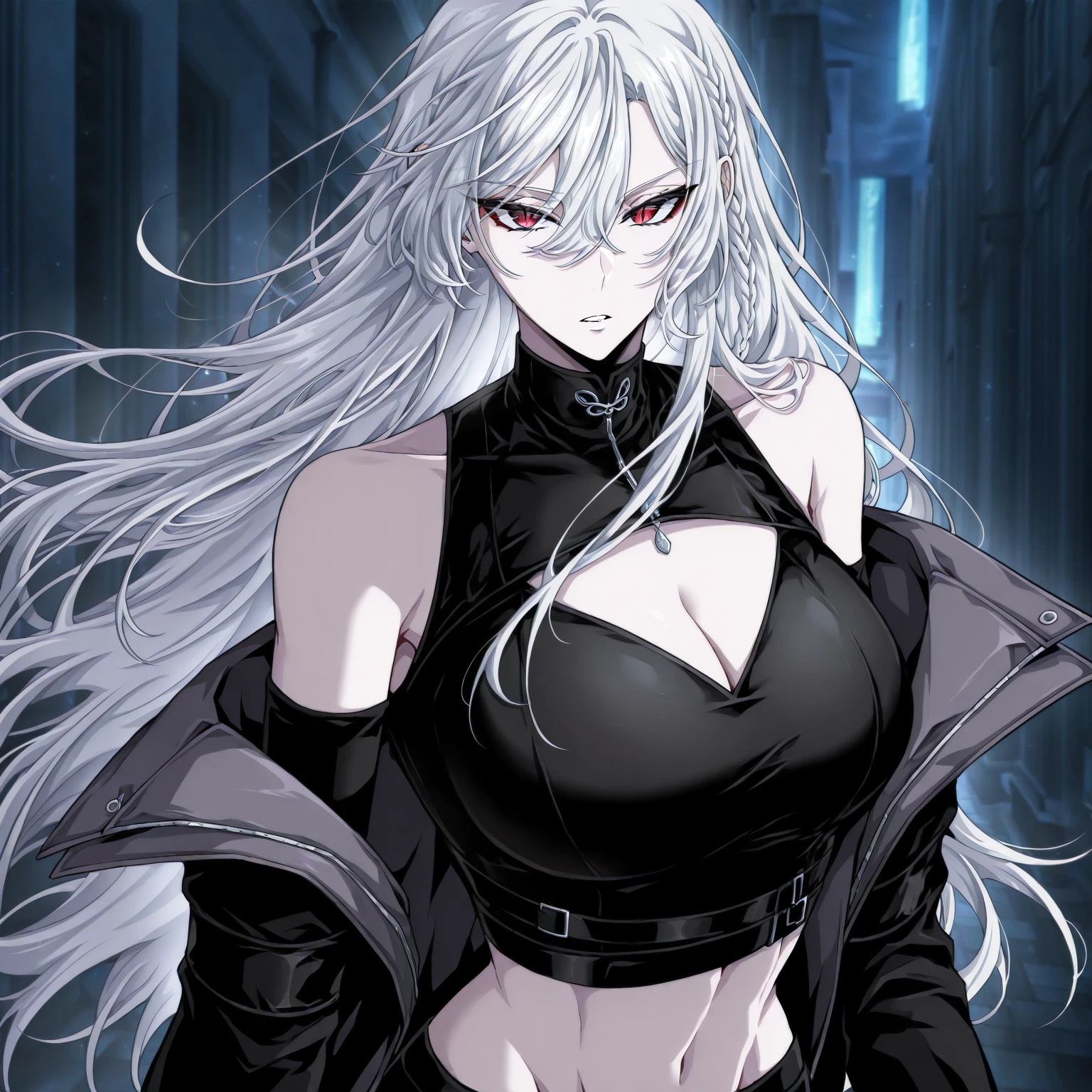 (masterpiece,best quality,ultra-detailed),1girl,black hair,dark gray hair,very long hair,messy hair,(((coloured skin, grey skin))),small chest, gray coat ,((grey theme)),