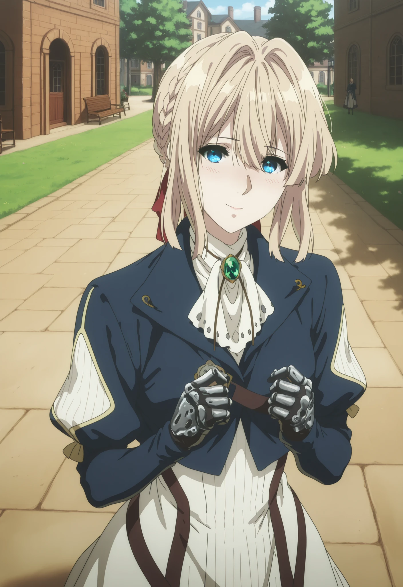 masterpiece, , absurdres, highres, detailed background, high resolution, masterpiece, necessary, detail, best quality, quality, necessary, adult Female, details, High details, Precise, outdoors, medieval interior, gothic, from above, ,
1girl, , anime style, Violet Evergarden style, solo, ,(head tilt), , ,
girl, violetmv , matureviolet , blue eyes , mechanical hands , small breasts , defaulthaircut , blonde hair , braid , medium hair , hair ribbon , red ribbon , hair bun , hair intakes , defaultoutfit , blue jacket , green gemstone , brooch , bolo tie , long sleeves , juliet sleeves , white ascot , chest strap , cropped jacket , lapel pin , white dress , street , vicotrian , tree , building , park , hands up , looking at viewer , light smile , blush , cowboy shot, light embarrassed, ,