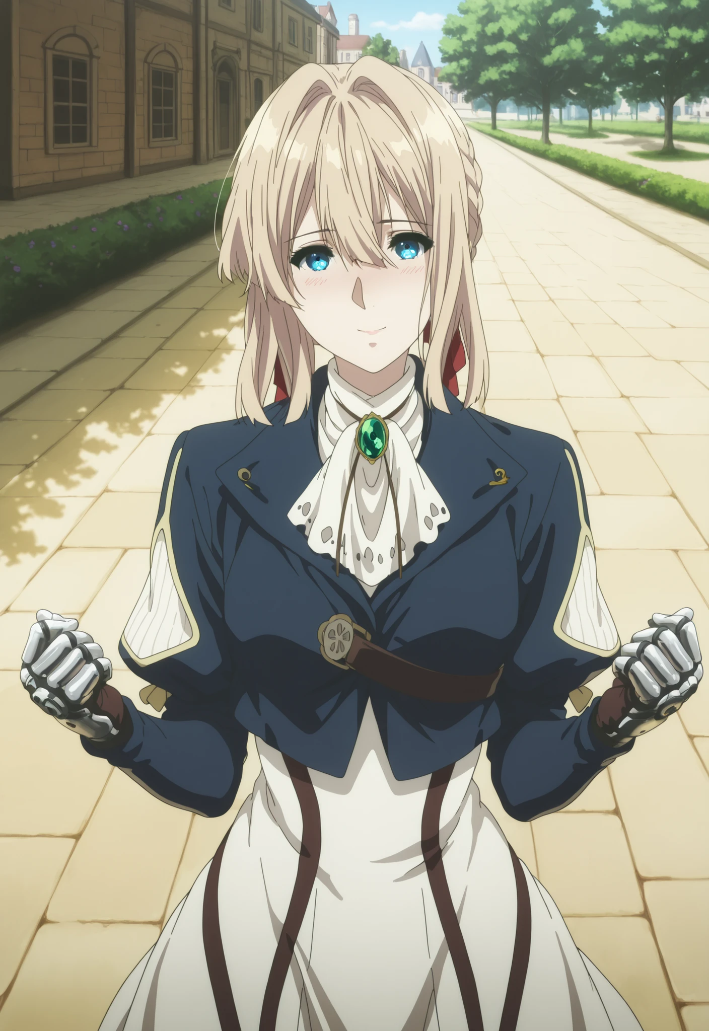 masterpiece, , absurdres, highres, detailed background, high resolution, masterpiece, necessary, detail, best quality, quality, necessary, adult Female, details, High details, Precise, outdoors, medieval interior, gothic, from above, ,
1girl, , anime style, Violet Evergarden style, solo, ,(head tilt), , ,
girl, violetmv , matureviolet , blue eyes , mechanical hands , small breasts , defaulthaircut , blonde hair , braid , medium hair , hair ribbon , red ribbon , hair bun , hair intakes , defaultoutfit , blue jacket , green gemstone , brooch , bolo tie , long sleeves , juliet sleeves , white ascot , chest strap , cropped jacket , lapel pin , white dress , street , vicotrian , tree , building , park , hands up , looking at viewer , light smile , blush , cowboy shot, light embarrassed, ,