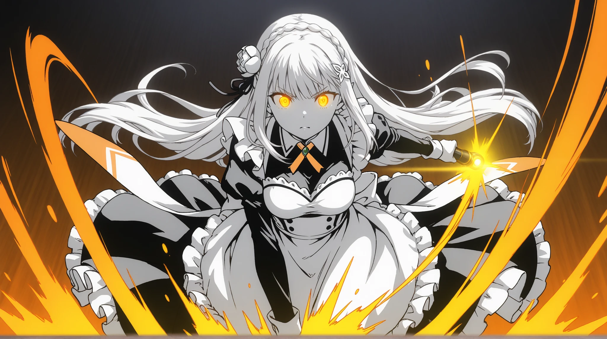masterpiece, best quality, high resolution,
Saber2, Advanced Clothing, 1girl, solo, weapon, holding, sword, dual wielding, holding sword, holding weapon, cleavage, hair ornament, eyepatch, looking at viewer, unsheathed, standing, long hair, sheath, fire, collarbone, medium breasts, swept bangs, autumn leaves, closed mouth