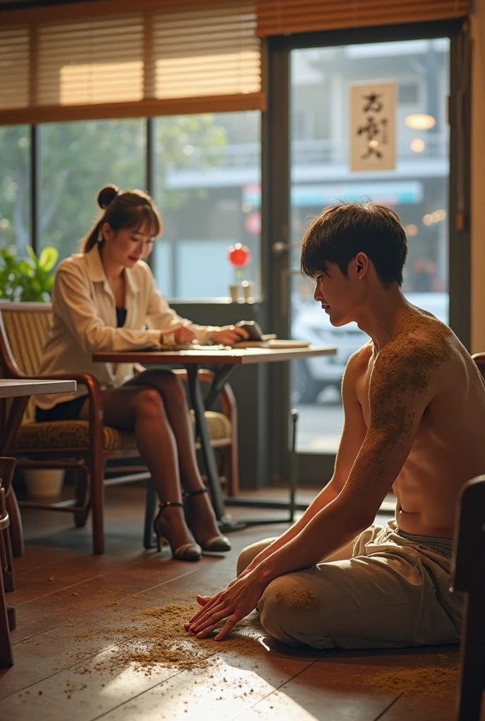 
Korean woman sitting, age 26, loose brown hair, with a stripe on the side, with tailored dress pants and a black silk top with spaghetti straps, in a bakery talking to ((strong American man 35 years old)). REAL WOMAN IMAGE CHAT, 3 shopping bags on the floor, 38 YEAR OLD AMERICAN BAREBACK MAN, they are sitting at a table and serious Realistic 8k image