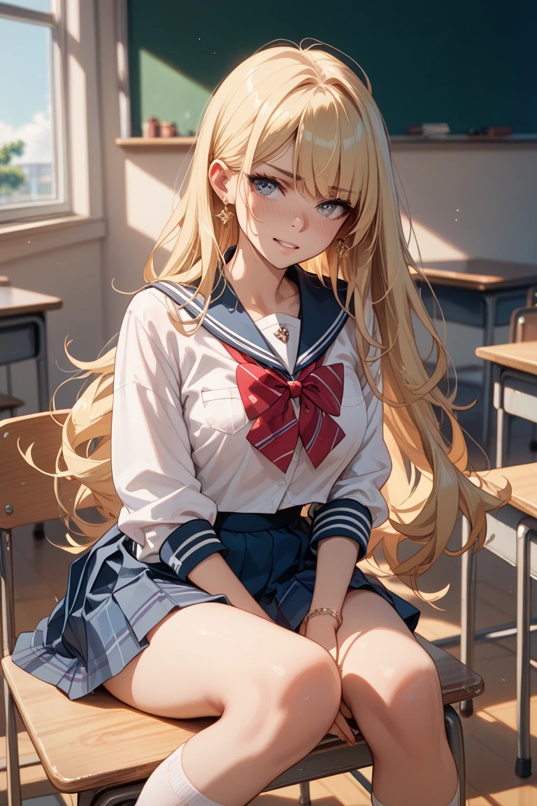 (masterpiece: 1.3), (Maximum resolution: 1.2), (Ultra HDTV: 1.2), Cinema Lights, Ultra HDTV, (Detailed eyes and skin), (Detailed facial features), High resolution, 8k resolution, Sharp focus: 1.2, Perfect Style, Beautiful Face, Accurate, Anatomically correct, Highly detailed face and skin texture, Fine grain, Brown eyes, double eyelid, Thin eyebrows, Glitter Eyeliner: 1.2, natural cheeks, Glowing Skin, Fair skin: 1.2, Shiny little necklace and earrings, (glossy lips: 1.4),
break,
First Person View, Wear high , (Embarrassing:1.2), (blush:1.2), Pure and cute girl, Blonde, (full body shot: 1.2), Focus on the face, ((Very close relationship: 1.2)), (Medium large breasts), (((In the classroom at night:1.2)), ((sit cross-legged leaning back in one's school chair:1.4)), (Looking down at the viewer:1.2)), (From below:1.3), ((Many other students' backgrounds)),