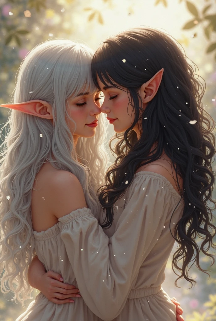 ((Meisterwerk, high quality, artgerm, artstation, vibrant colors, elven woman, eyes closed)), intricate ultra detailliert, vibrant color, hohe Details, a painting of two women in dresses kiss each other, lesbische Kunst, Magali Villeneuve und Monet, LGBT-Kunst, inspired von Magali Villeneuve, magali villeneuve', detaillierte Fantasy-Kunst, lesbische Umarmung, Kunst im Fantasy-Stil, beautiful fantasy art, kiss together cutely, Sapphische Kunst, lesbischer Kuss, von Magali Villeneuve, kiss each other, kiss together

