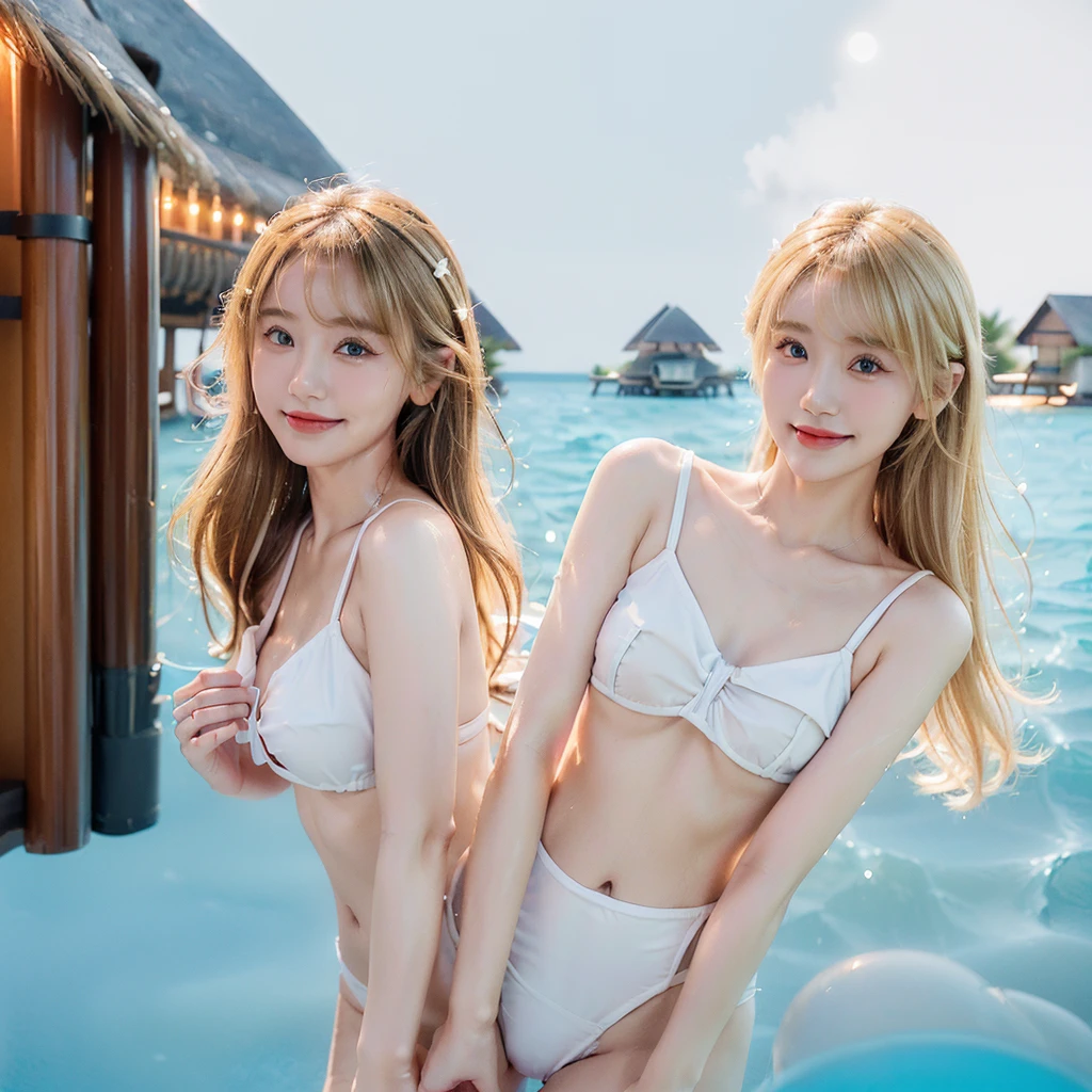Real life, realistic, A Russian girl with blonde hair and black eyes, pale skin and wearing a white sundress with white hat and black sunglasses at the beach, on a yacht , best quality, high quality, masterpiece 