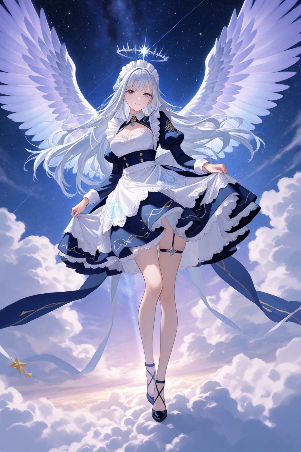 the angel's wings、Silvery hair、Longhaire、In the blue light、fantastic landscape、Serious face、Wizard's Clothing、Full-body figure、skirt by the、are flying