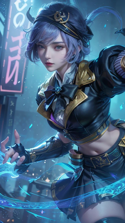 (female:1.2), 8k, ultra hd, ultra detailed texture, hyper realistic, masterpiece, detailed texture, detailed face, detailed skin, detailed lighting, (photorealistic:1.5), best quality, beautiful lighting, cinematic lighting, professional lighting, ultra highres, realistic, detailed hair, real hair, high quality, (realskin:1.5), extremely detailed, finely detail, ultra-detailed, 1girl, solo, elf, pointy ears, standing, demon horns, forehead protector, (blue eyes:1.5), v-shapped eyebrow, lips, red lips, evil smile, nose, make up, pretty, beautiful, cute face, long hair, blue hair, high ponytail, large breasts, cleavage, armpit, navel, stomach, black armor, pauldrons, bare shoulders, shoulder armor, thigh high, sleevless, detached sleeves, breastplate, gauntlets, karina \(mobile legends\), depth of field, looking aways, white skin, skin tight, amazing pose, outdoors, glowing, dark view.