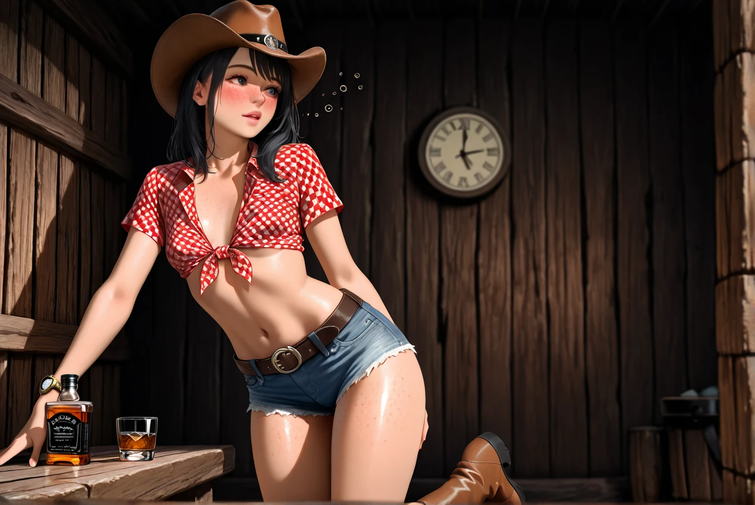 (((Being a single woman:2.0))),(((NSFW:0.5))),(((Wear denim hot pants:1.5))),(((Wear a red checked short-sleeved collared shirt:1.5))),(((Wear a gun belt with a holster:1.8))),,((Wear a watch on your wrist:1.5))),(((Showing cleavage))),(((Exposed thin inner thighs))),(((Small breasts:1.5))),(((Navel exposed:1.5))),(((Bare arms))),(((Put on your boots:1.5))),((Blushed:1.8)), Beautiful detailed girl, Very detailed目と顔, 緻密でBeautiful Eyes, Very detailed, High resolution, Highest quality, masterpiece, Very detailed, 8k wallpaper, wonderful, finely, Highest quality,(Standing in front of a wooden wall),Beautiful Eyes,((Engage your audience:1.5))),((Drinking whiskey:1.4)),(((Drunk:1.8))),(((Crying face:1.5))),(((Touch your chest with your left hand:1.2)))