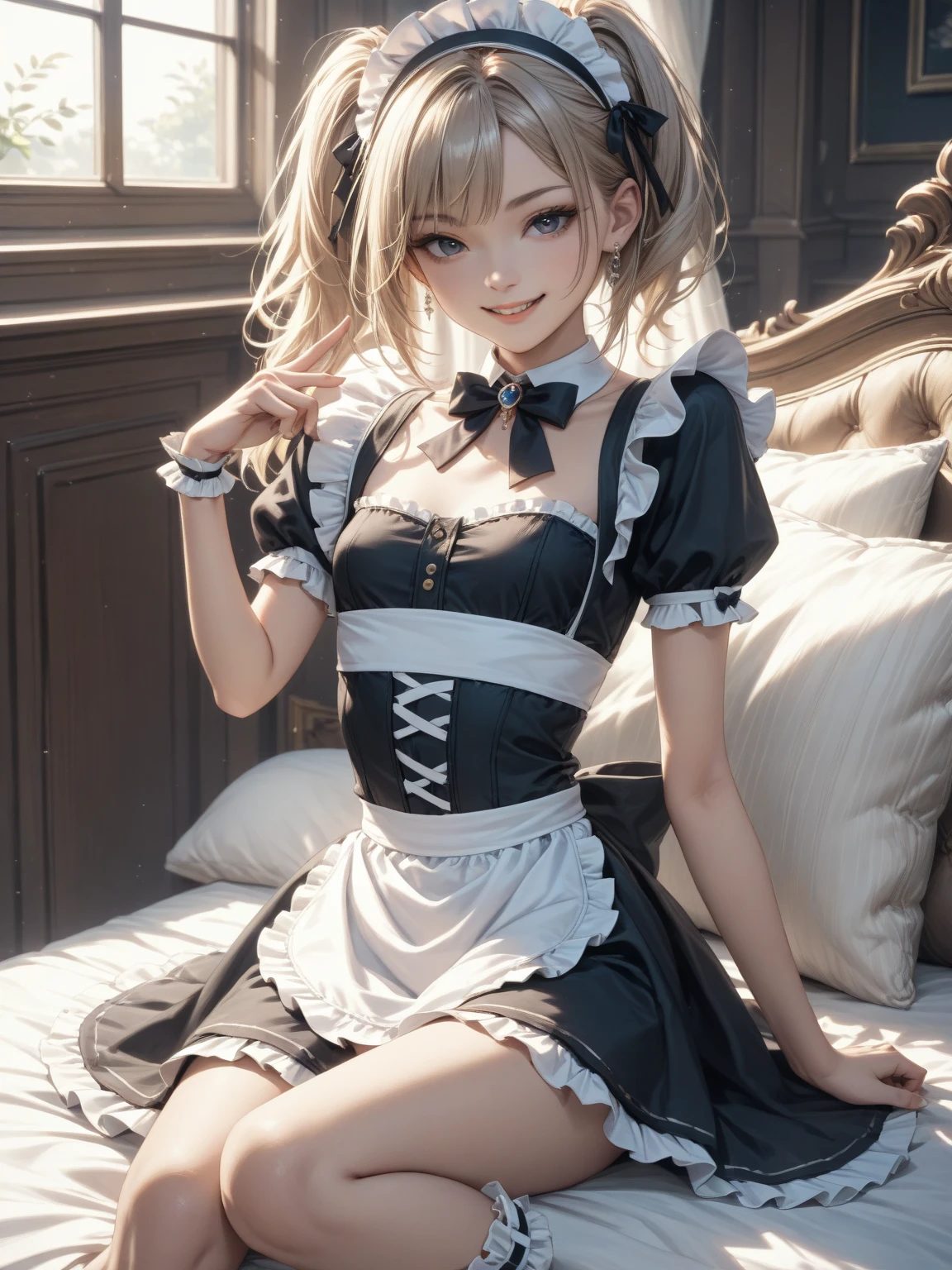 White hair，puppy ear and tail，Pink eyes，black and white maid dress，White tights，white hair, pink bows，inside in room，kneeling on a bed --auto